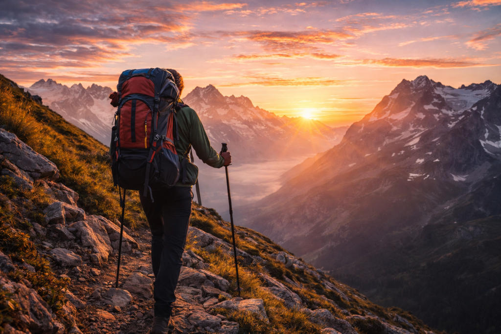 mochila de trekking en montaña durante ruta de senderismo
