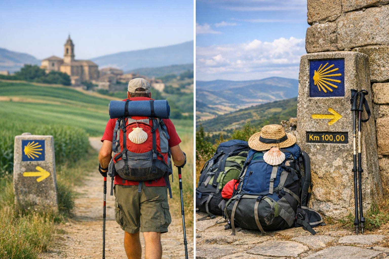 Peregrino caminando por el Camino de Santiago con mochila de trekking