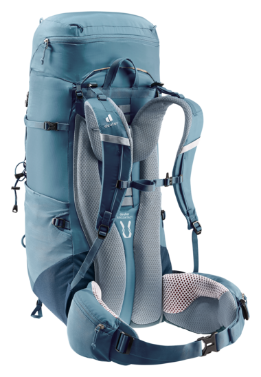 Deuter Aircontact Lite 50+10 vista lateral — cinturón lumbar ECL y sistema de espalda Aircontact