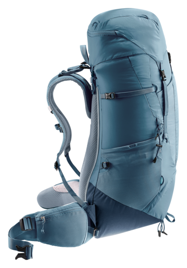 Deuter Aircontact Lite 50+10 vista lateral — perfil completo con compartimentos y correas de compresión