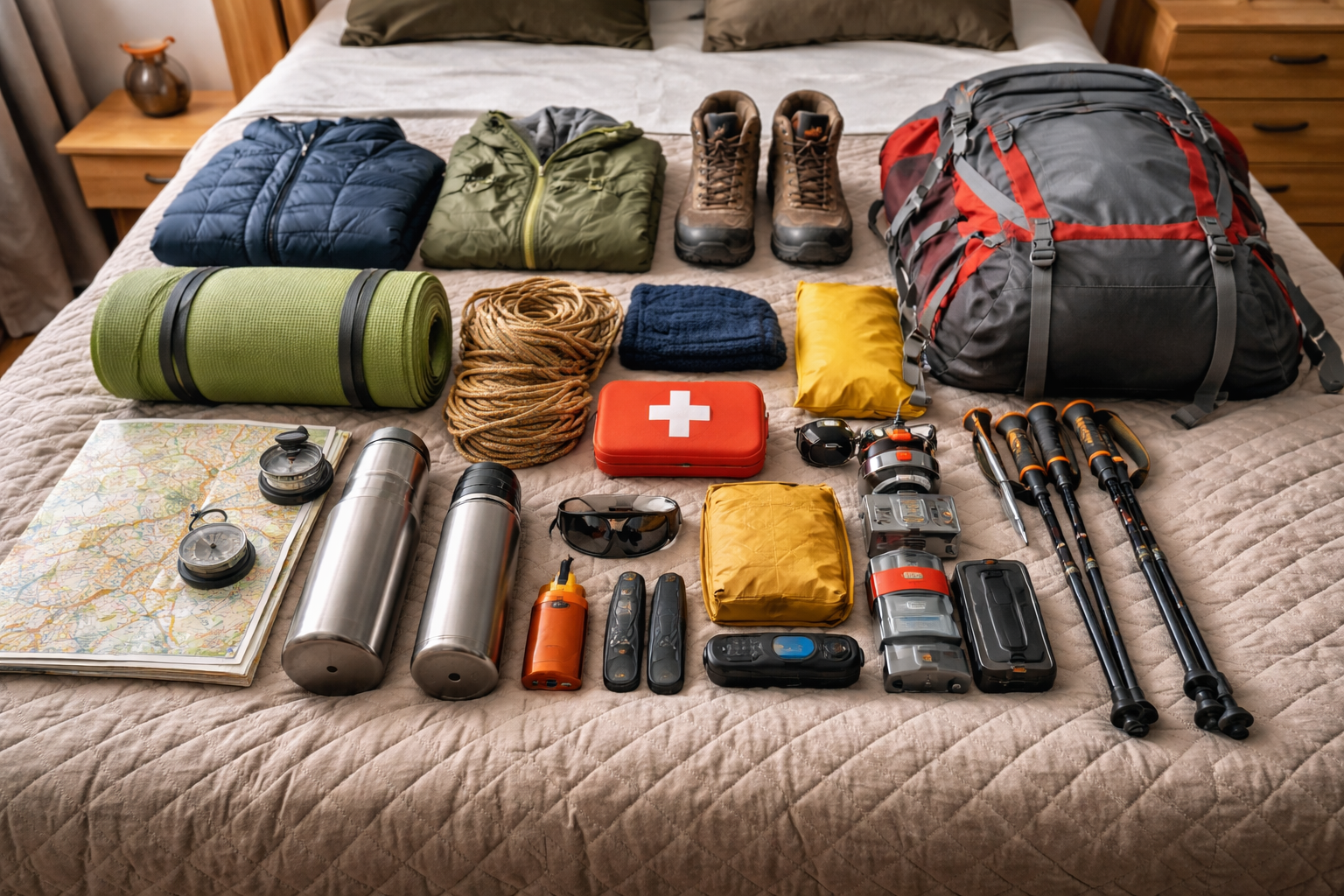 Material de trekking ordenado sobre la cama antes de empacar la mochila