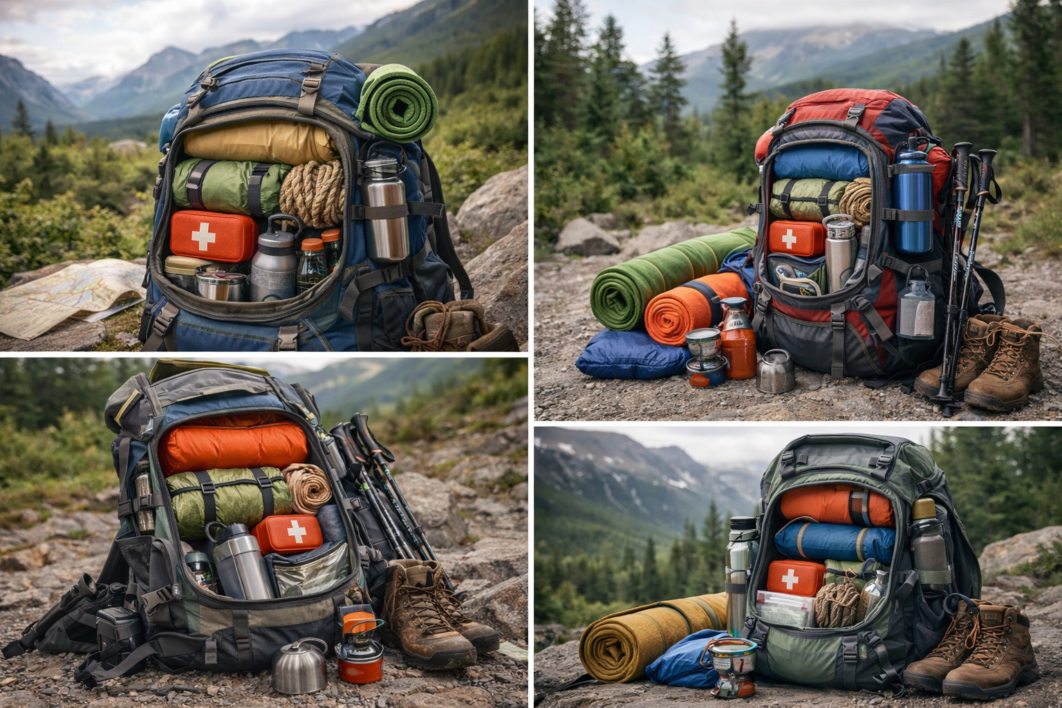 Mochila de trekking organizada con material esencial para la montaña