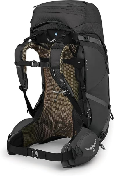 Vista trasera de la Osprey Atmos AG 50 — sistema AntiGravity y cinturón lumbar Fit-on-the-Fly