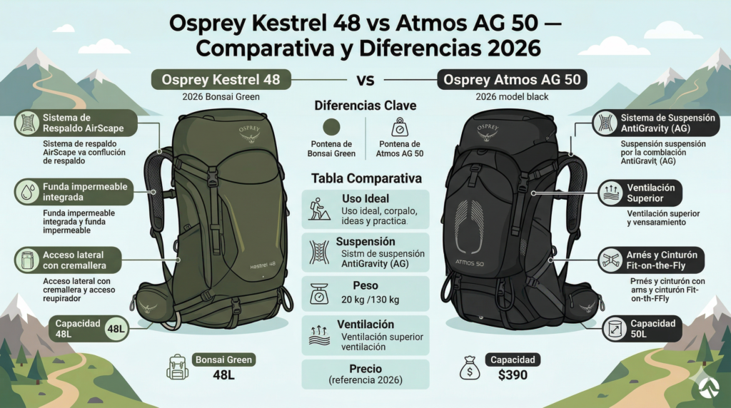 Osprey Kestrel 48 vs Atmos AG 50 — comparativa de mochilas de trekking 2026