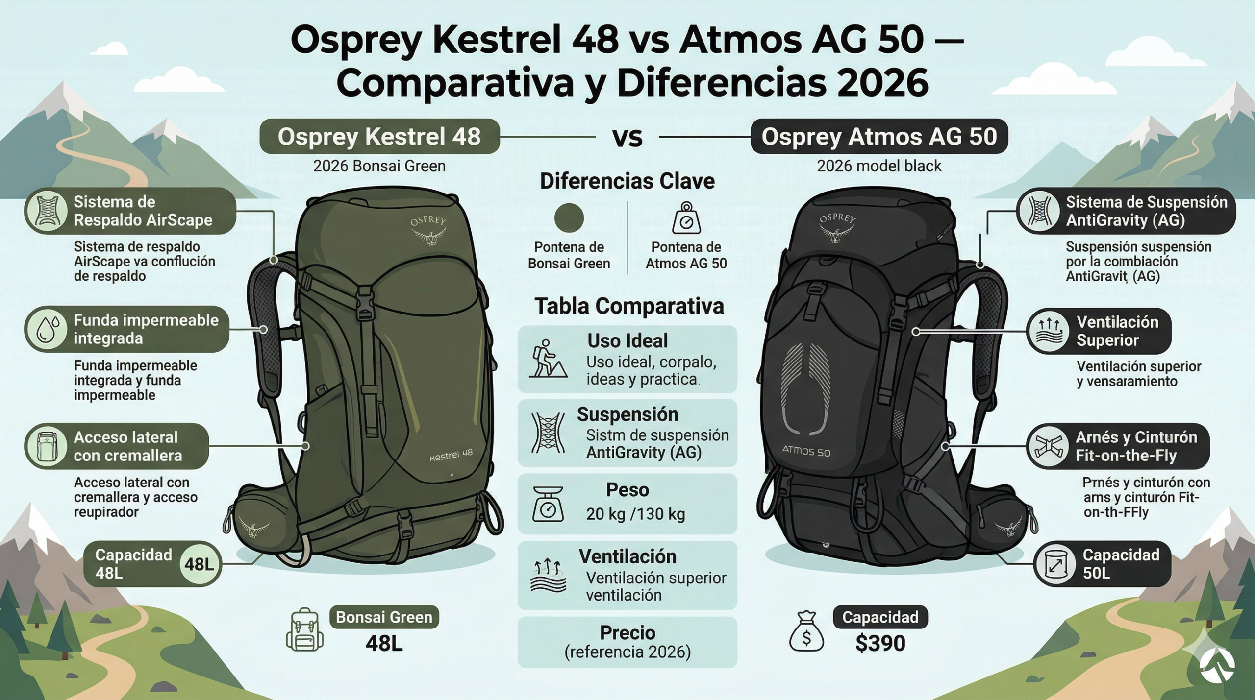 Osprey Kestrel 48 vs Atmos AG 50 — comparativa mochilas trekking 2026, diferencias sistema espalda AirScape vs Anti-Gravity