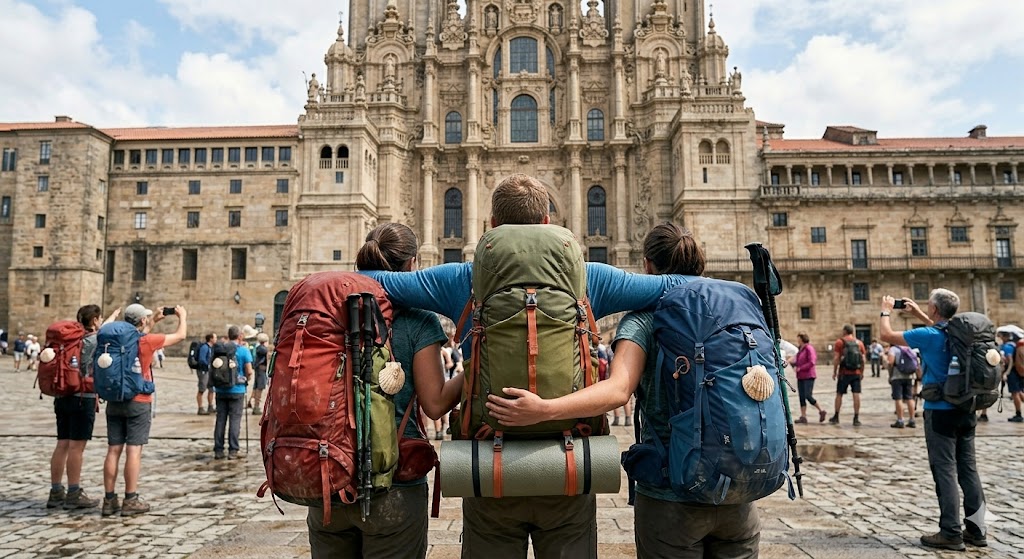 Peregrinos con mochilas celebrando llegada a la Catedral de Santiago de Compostela