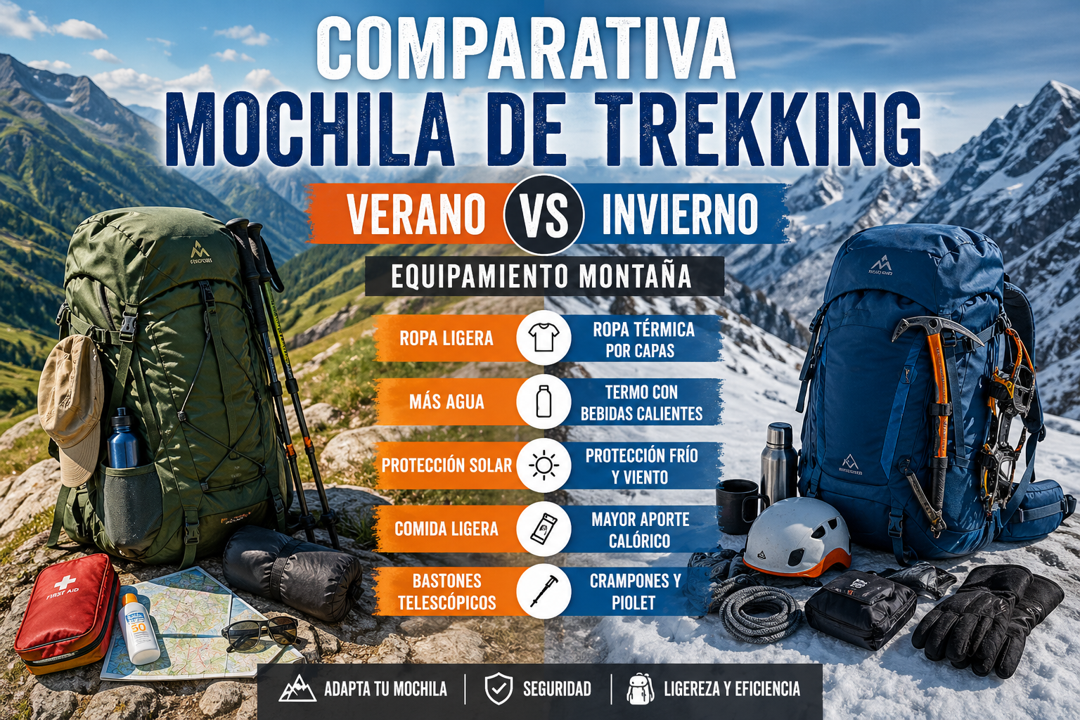 Comparativa visual equipamiento mochila de trekking verano vs invierno 2026