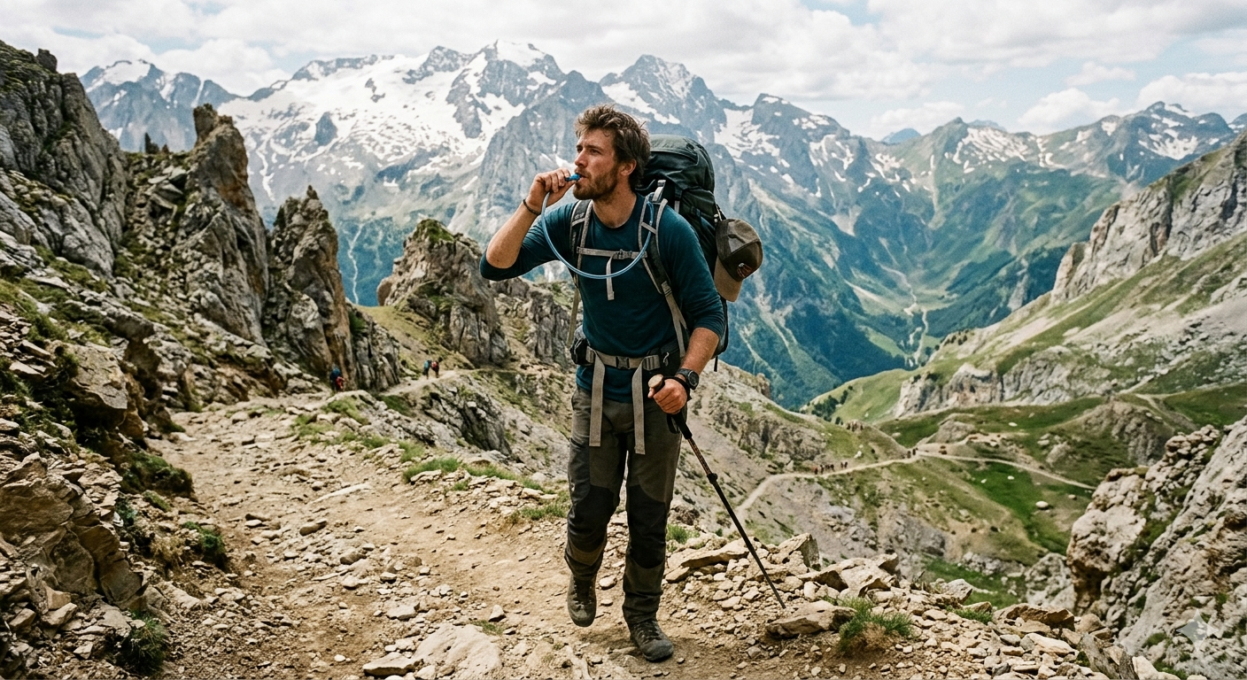 Montanero bebiendo de sistema de hidratacion en ruta de trekking en montana