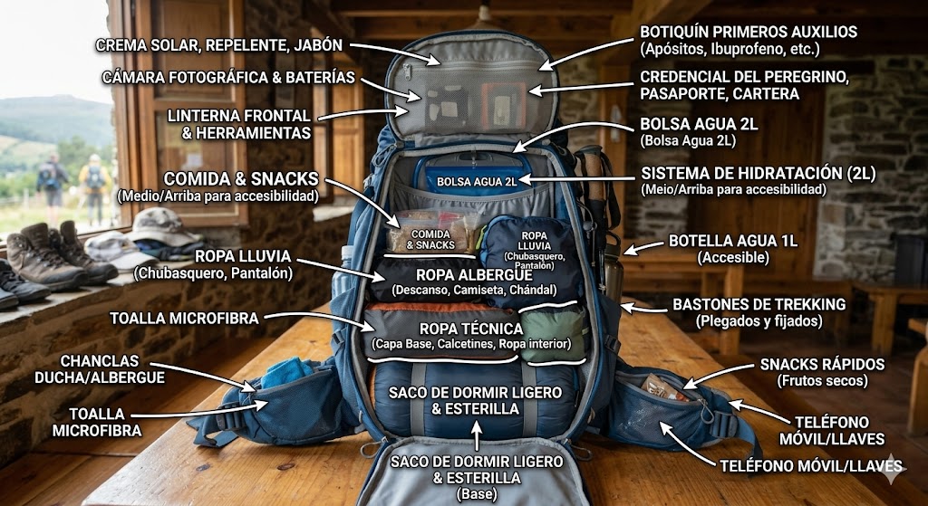 Mochila abierta con todo el equipo para el Camino de Santiago — qué llevar