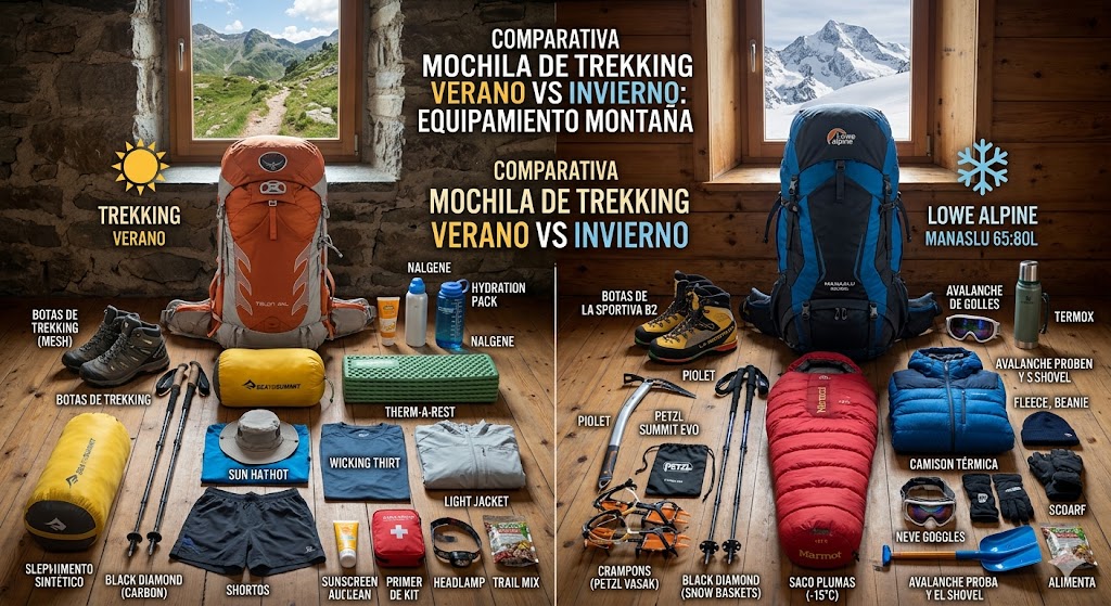 Comparativa mochila de trekking verano vs invierno equipamiento montana
