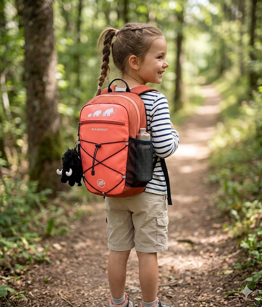 Niña con mochila Mammut haciendo senderismo en el bosque — mochilas trekking para niños 2026