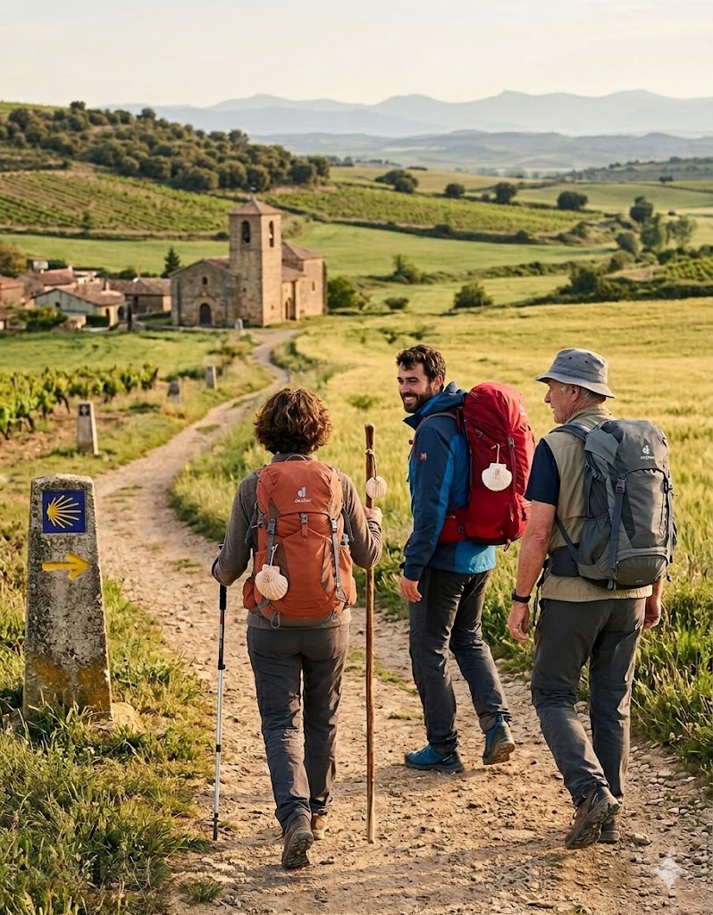 Peregrinos caminando por el Camino de Santiago con mochilas de trekking