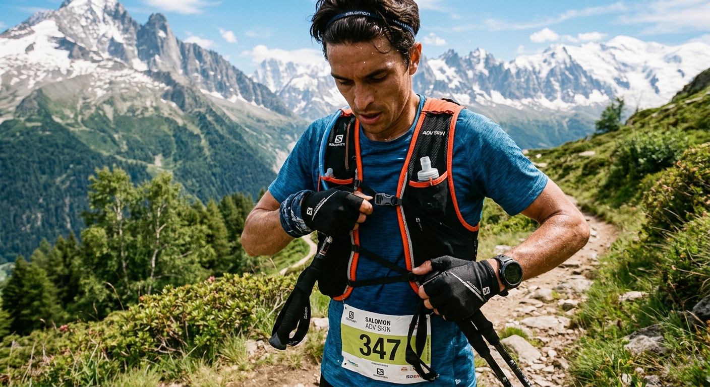 Ajustando las correas de un chaleco de trail running