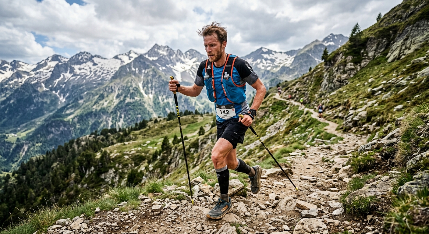 Corredor de montaña usando bastones de trail running