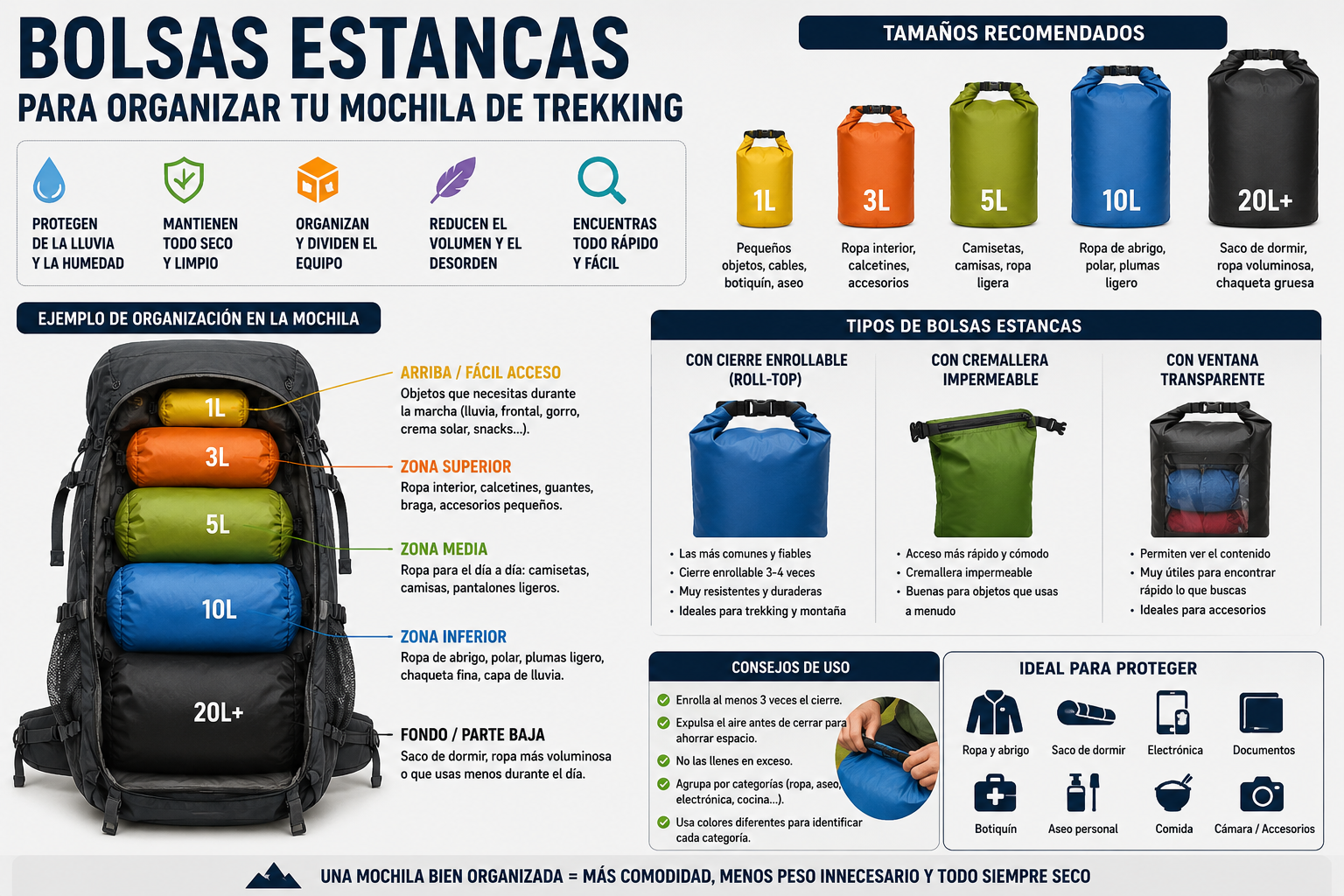 Bolsas estancas para organizar una mochila de trekking