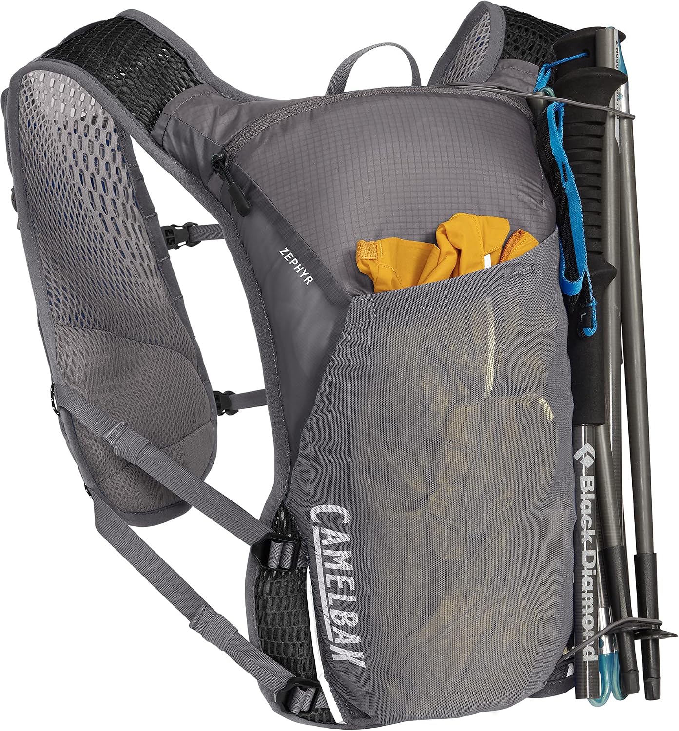 Detalle del carcaj para bastones del CamelBak Zephyr Pro
