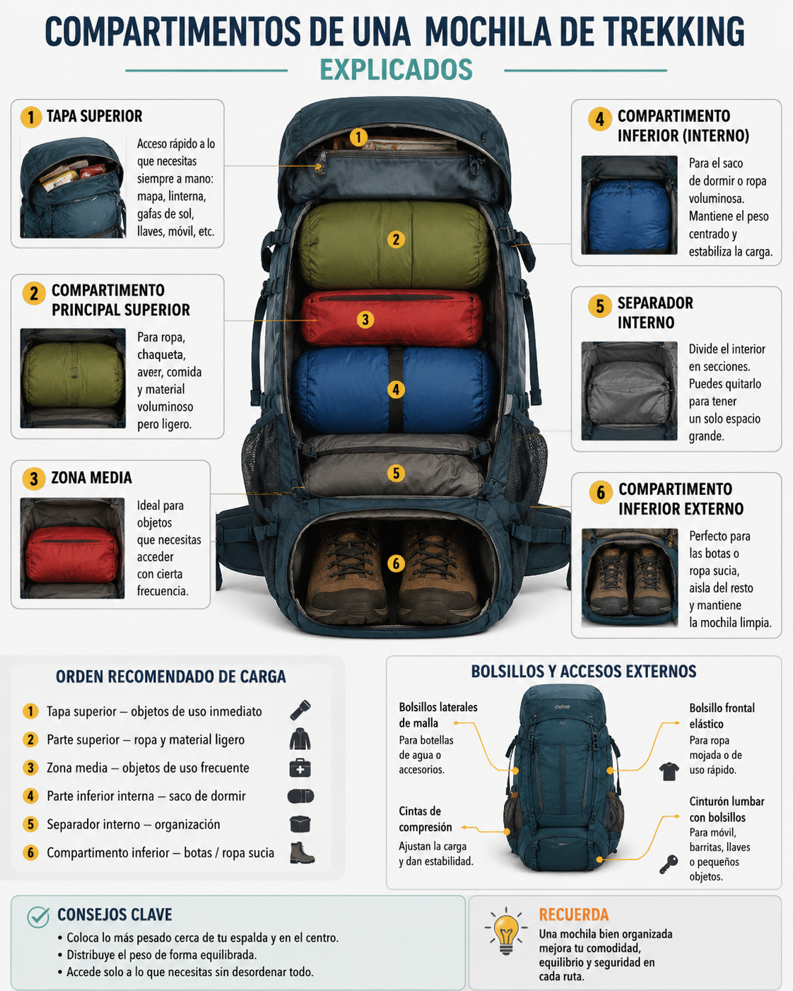 Compartimentos de una mochila de trekking explicados