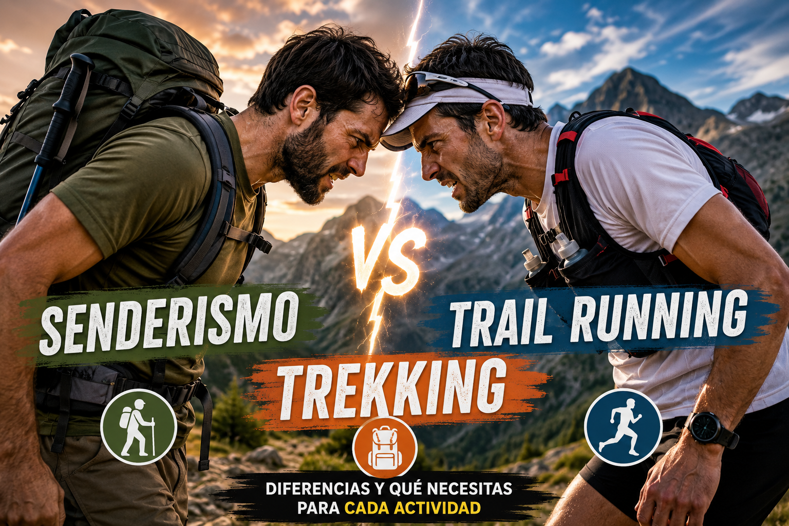 Senderista y trail runner en el mismo sendero de montaña
