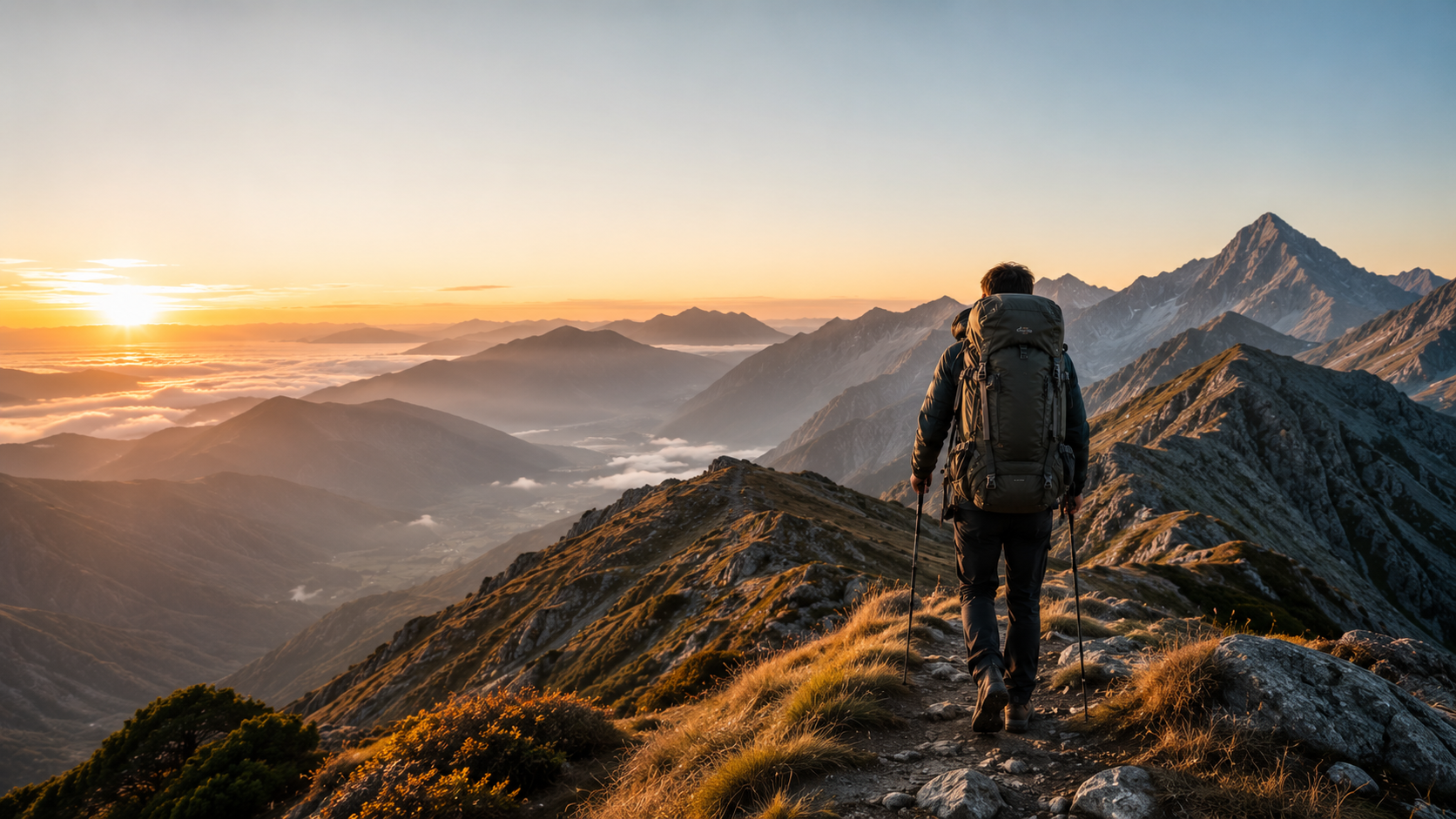 Senderista con mochila de trekking en la montaña — Black Friday 2026