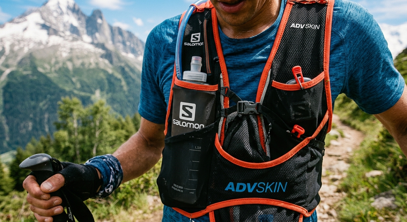 Soft flasks en los bolsillos delanteros de un chaleco de trail