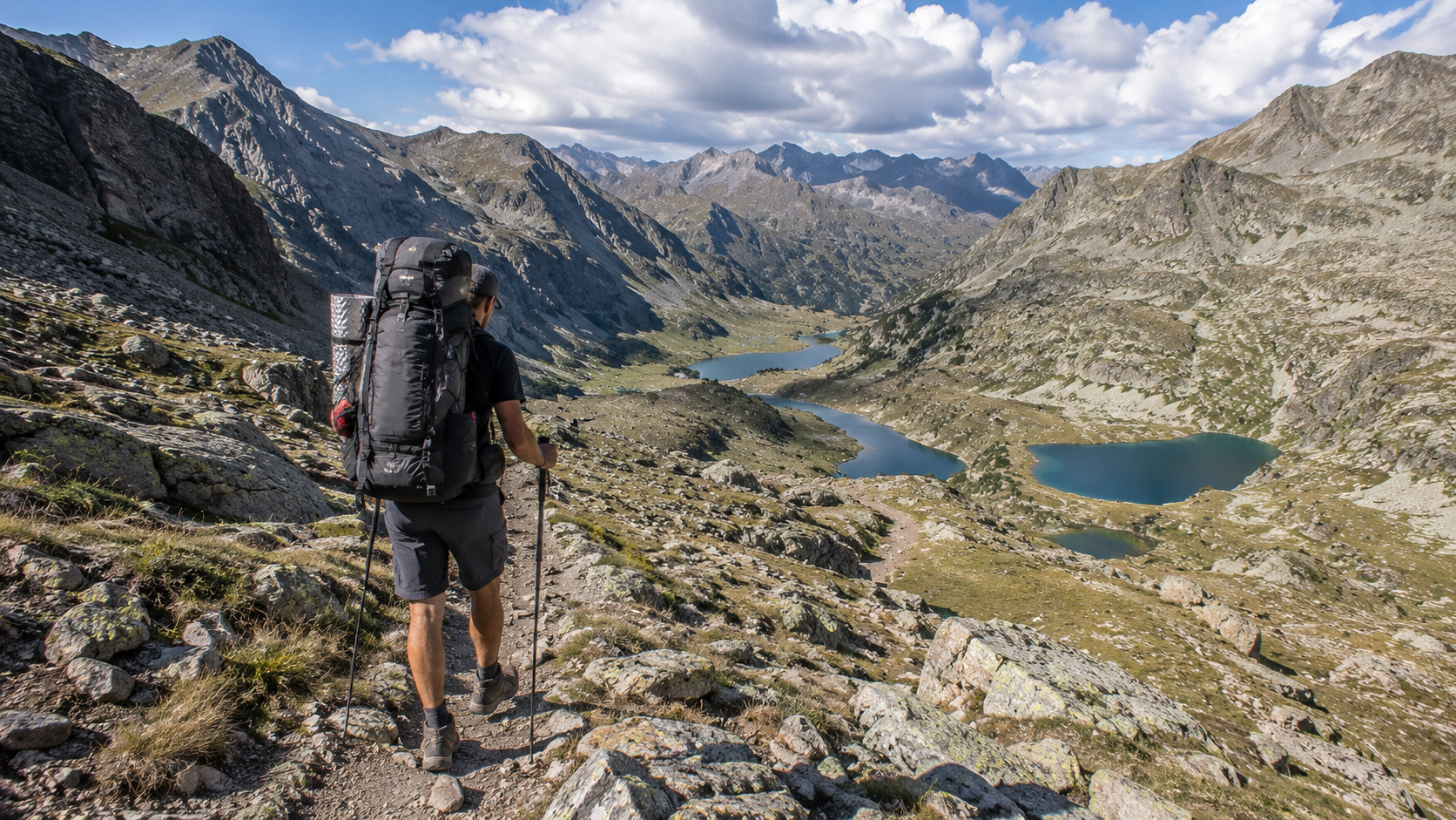 Trekker con mochila grande de varios días en ruta de montaña