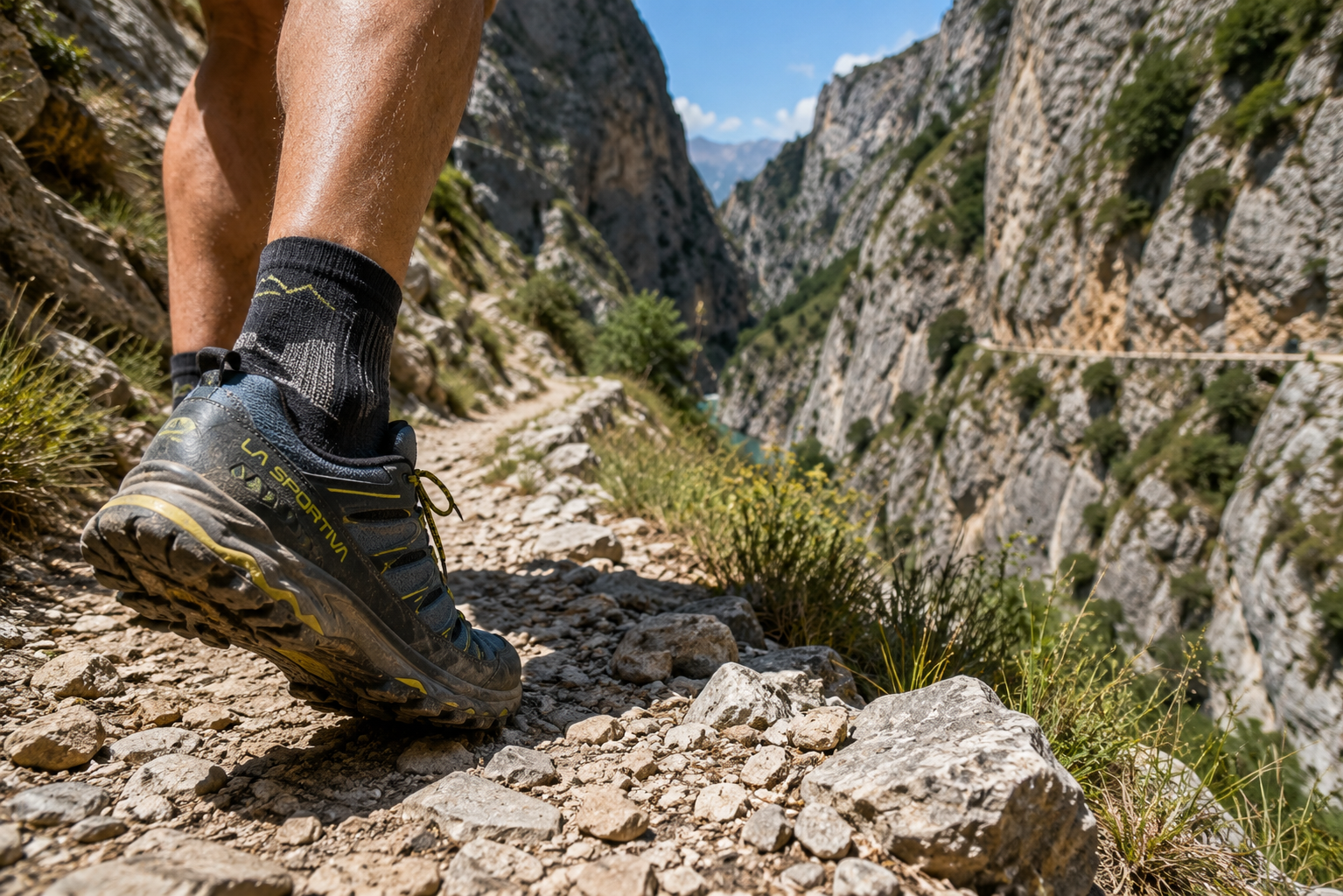 Zapatillas de senderismo sobre el sendero de piedra de la Ruta del Cares