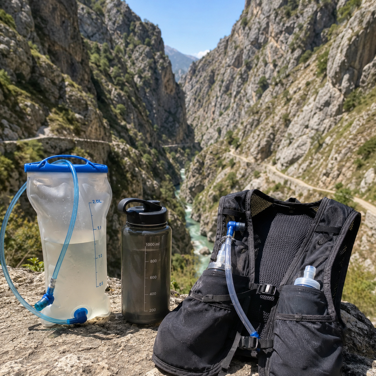 Botella de agua junto a la mochila en la Ruta del Cares