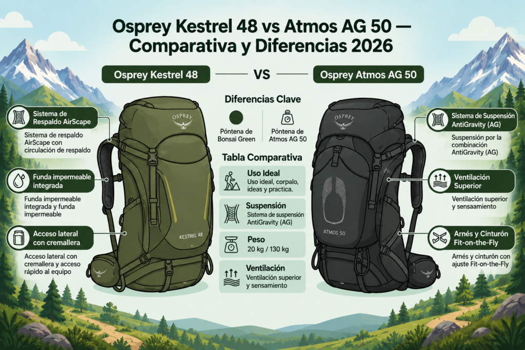 Osprey Kestrel 48 vs Atmos AG 50 comparativa y diferencias 2026