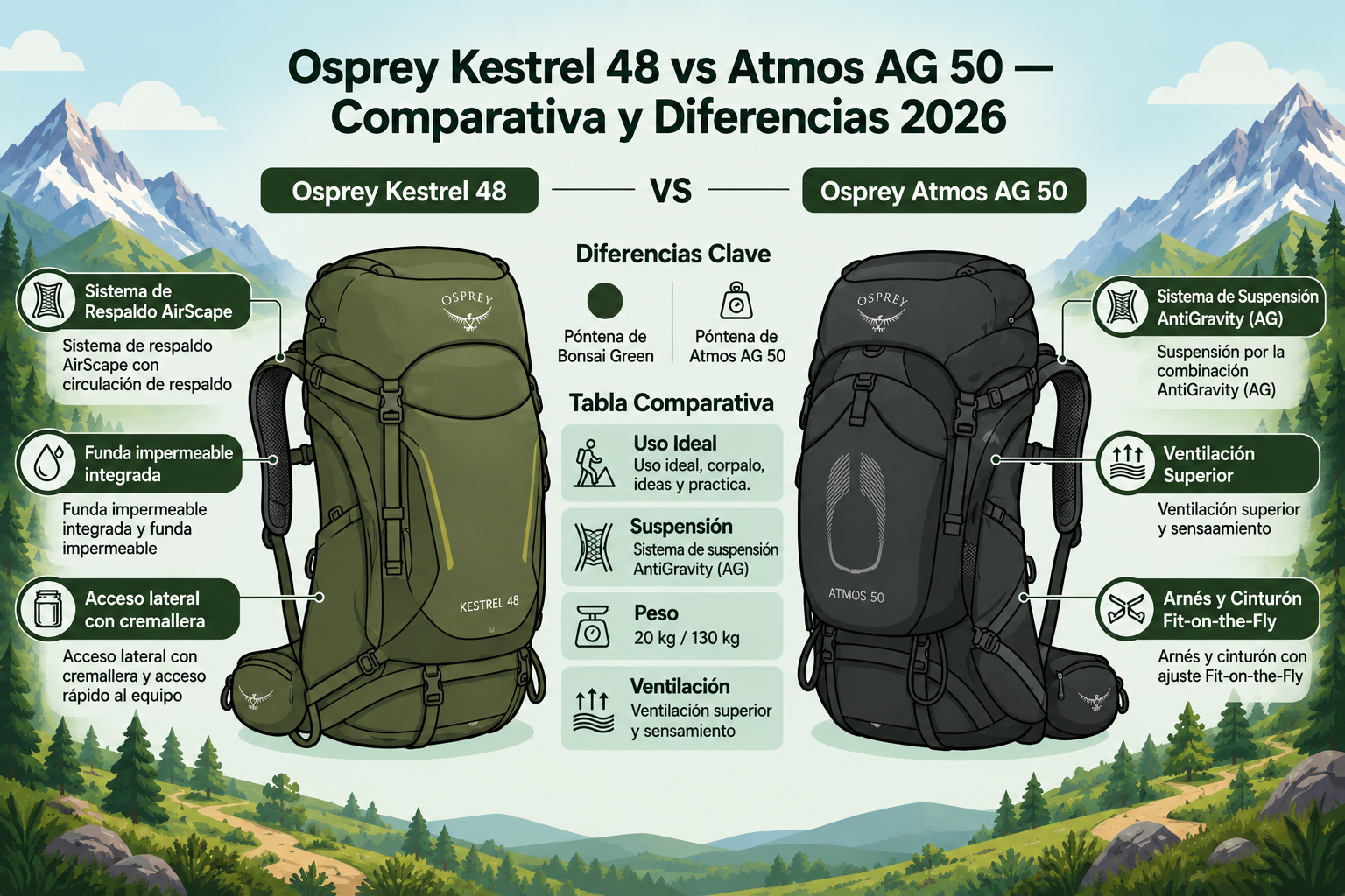 Osprey Kestrel 48 vs Atmos AG 50 — comparativa mochilas trekking 2026, diferencias sistema espalda AirScape vs Anti-Gravity